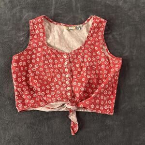 Vintage 90s Red Floral Sleeveless Cotton Tie Waist Cropped Shirt Tank Top S